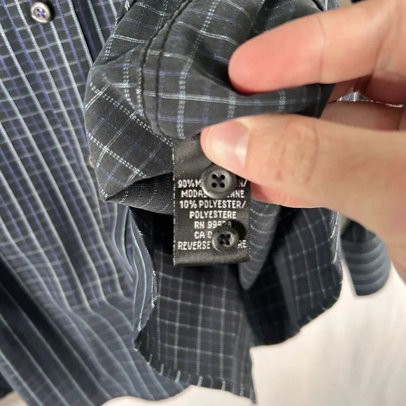 Bugatchi Uomo Dress Shirt men's Medium Black Plaid Button Up Long Sleeve - Picture 7 of 10